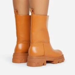 EGO Fayre Chunky Sole Ankle Biker Boot In Tan Brown Faux Leather -EGO Sales 2 12 21 cutouts onfoot2533 copy