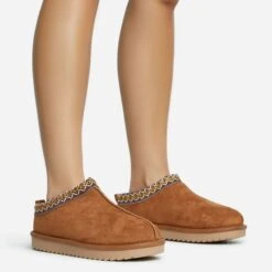 EGO Catch-Up Aztec Detail Faux Fur Lining Flat Slipper In Chestnut Brown Faux Suede -EGO Sales 30 11 22 fw31433 copy