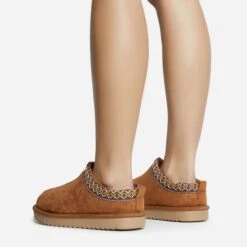 EGO Catch-Up Aztec Detail Faux Fur Lining Flat Slipper In Chestnut Brown Faux Suede -EGO Sales 30 11 22 fw31436 copy
