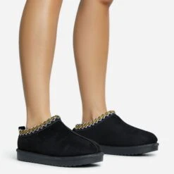 EGO Catch-Up Aztec Detail Faux Fur Lining Flat Slipper In Black Faux Suede -EGO Sales 30 11 22 fw31438 copy