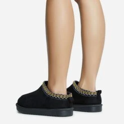 EGO Catch-Up Aztec Detail Faux Fur Lining Flat Slipper In Black Faux Suede -EGO Sales 30 11 22 fw31441 copy