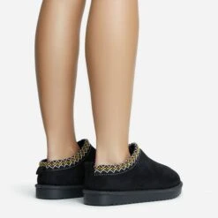 EGO Catch-Up Aztec Detail Faux Fur Lining Flat Slipper In Black Faux Suede -EGO Sales 30 11 22 fw31442 copy