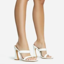EGO Jupiter-Empire Double Strap Detail Square Toe Flared Block Heel Mule In White Patent