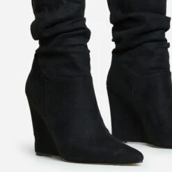 EGO Baize Pointed Toe Wedge Heel Slouched Ankle Boot In Black Faux Suede -EGO Sales 30 11 22 fw31550 sq