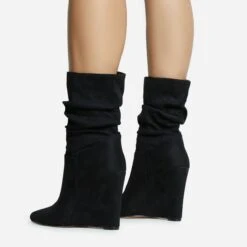 EGO Baize Pointed Toe Wedge Heel Slouched Ankle Boot In Black Faux Suede -EGO Sales 30 11 22 fw31551 sq