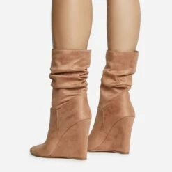 EGO Baize Pointed Toe Wedge Heel Slouched Ankle Boot In Nude Faux Suede -EGO Sales 30 11 22 fw31559 sq