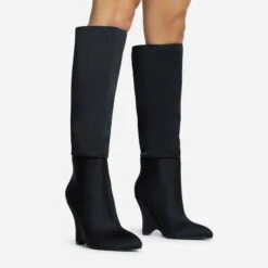 EGO Lennox Pointed Toe Wedge Heel Knee High Long Boot In Black Lycra