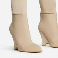 EGO Lennox Pointed Toe Wedge Heel Knee High Long Boot In Nude Lycra -EGO Sales 30 11 22 fw31581 sq