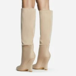EGO Lennox Pointed Toe Wedge Heel Knee High Long Boot In Nude Lycra -EGO Sales 30 11 22 fw31582 sq