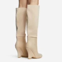 EGO Lennox Pointed Toe Wedge Heel Knee High Long Boot In Nude Lycra -EGO Sales 30 11 22 fw31583 sq