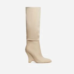 EGO Lennox Pointed Toe Wedge Heel Knee High Long Boot In Nude Lycra -EGO Sales 30 11 22 fw31584 sq