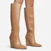 EGO Rowen Pointed Toe Wedge Heel Knee High Long Boot In Nude Faux Leather -EGO Sales 30 11 22 fw31591 sq