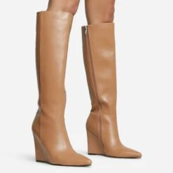 EGO Rowen Pointed Toe Wedge Heel Knee High Long Boot In Nude Faux Leather