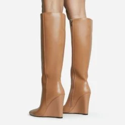 EGO Rowen Pointed Toe Wedge Heel Knee High Long Boot In Nude Faux Leather -EGO Sales 30 11 22 fw31594 sq