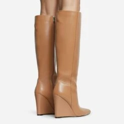EGO Rowen Pointed Toe Wedge Heel Knee High Long Boot In Nude Faux Leather -EGO Sales 30 11 22 fw31595 sq