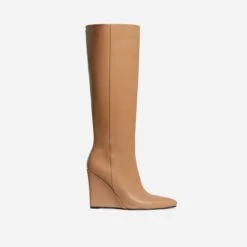 EGO Rowen Pointed Toe Wedge Heel Knee High Long Boot In Nude Faux Leather -EGO Sales 30 11 22 fw31596 sq