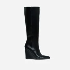 EGO Rowen Pointed Toe Wedge Heel Knee High Long Boot In Black Faux Leather -EGO Sales 30 11 22 fw31602 sq