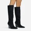 EGO Bronwyn Pointed Toe Wedge Heel Knee High Long Boot In Black Faux Suede -EGO Sales 30 11 22 fw31617 sq