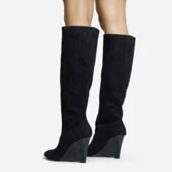 EGO Bronwyn Pointed Toe Wedge Heel Knee High Long Boot In Black Faux Suede -EGO Sales 30 11 22 fw31619 sq