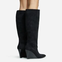EGO Bronwyn Pointed Toe Wedge Heel Knee High Long Boot In Black Faux Suede -EGO Sales 30 11 22 fw31620 sq