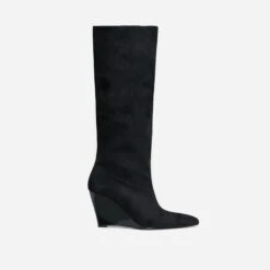 EGO Bronwyn Pointed Toe Wedge Heel Knee High Long Boot In Black Faux Suede -EGO Sales 30 11 22 fw31621 sq