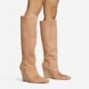 EGO Bronwyn Pointed Toe Wedge Heel Knee High Long Boot In Nude Faux Suede