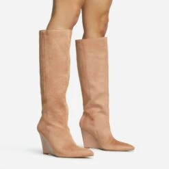 EGO Bronwyn Pointed Toe Wedge Heel Knee High Long Boot In Nude Faux Suede
