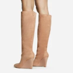 EGO Bronwyn Pointed Toe Wedge Heel Knee High Long Boot In Nude Faux Suede -EGO Sales 30 11 22 fw31626 sq