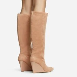 EGO Bronwyn Pointed Toe Wedge Heel Knee High Long Boot In Nude Faux Suede -EGO Sales 30 11 22 fw31627 sq