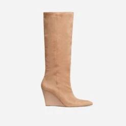 EGO Bronwyn Pointed Toe Wedge Heel Knee High Long Boot In Nude Faux Suede -EGO Sales 30 11 22 fw31628 sq