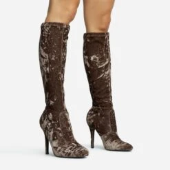 EGO Tallie Closed Toe Stiletto Heel Knee High Long Boot In Taupe Velvet