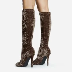 EGO Tallie Closed Toe Stiletto Heel Knee High Long Boot In Taupe Velvet -EGO Sales 30 11 22 fw31651 sq