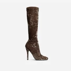 EGO Tallie Closed Toe Stiletto Heel Knee High Long Boot In Taupe Velvet -EGO Sales 30 11 22 fw31653 sq