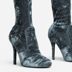 EGO Tallie Closed Toe Stiletto Heel Knee High Long Boot In Grey Velvet -EGO Sales 30 11 22 fw31662 sq