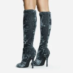 EGO Tallie Closed Toe Stiletto Heel Knee High Long Boot In Grey Velvet -EGO Sales 30 11 22 fw31663 sq