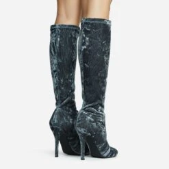 EGO Tallie Closed Toe Stiletto Heel Knee High Long Boot In Grey Velvet -EGO Sales 30 11 22 fw31664 sq