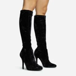 EGO Tallie Closed Toe Stiletto Heel Knee High Long Boot In Black Velvet