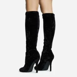 EGO Tallie Closed Toe Stiletto Heel Knee High Long Boot In Black Velvet -EGO Sales 30 11 22 fw31669 sq