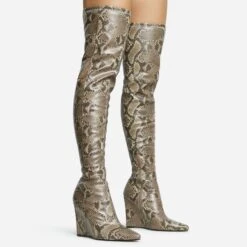 EGO Fired-Up Pointed Toe Wedge Heel Over The Knee Thigh High Sock Boot In Snake Print Faux Leather