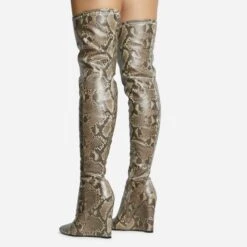 EGO Fired-Up Pointed Toe Wedge Heel Over The Knee Thigh High Sock Boot In Snake Print Faux Leather -EGO Sales 30 11 22 fw31687 sq