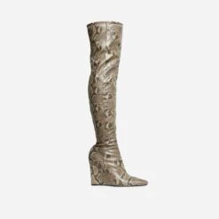 EGO Fired-Up Pointed Toe Wedge Heel Over The Knee Thigh High Sock Boot In Snake Print Faux Leather -EGO Sales 30 11 22 fw31689 sq