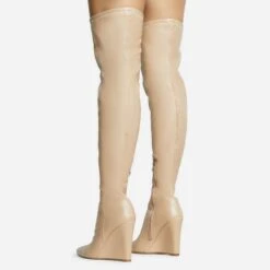 EGO Fired-Up Pointed Toe Wedge Heel Over The Knee Thigh High Sock Boot In Nude Faux Leather -EGO Sales 30 11 22 fw31693 sq