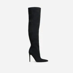 EGO Roux Pointed Toe Stiletto Heel Over The Knee Thigh High Long Slouch Boot In Black Faux Suede -EGO Sales 30 11 22 fw31708 sq