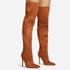 EGO Roux Pointed Toe Stiletto Heel Over The Knee Thigh High Long Slouch Boot In Tan Brown Faux Suede