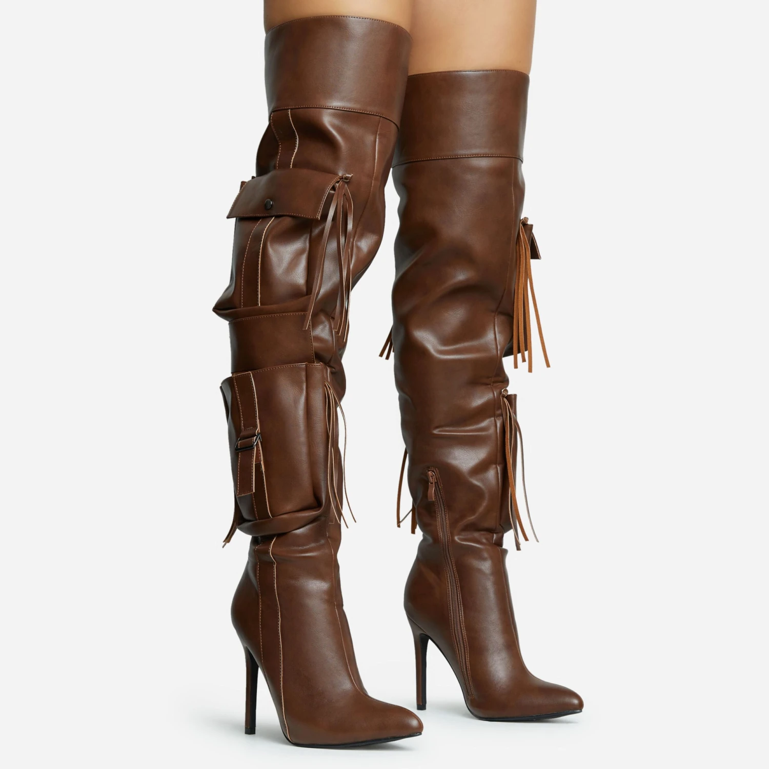 EGO Rough-Rider Multi Pocket Detail Pointed Toe Stiletto Heel Over The Knee Thigh High Boot In Brown Faux Leather 3 EGO Rough-Rider Multi Pocket Detail Pointed Toe Stiletto Heel Over The Knee Thigh High Boot In Brown Faux Leather