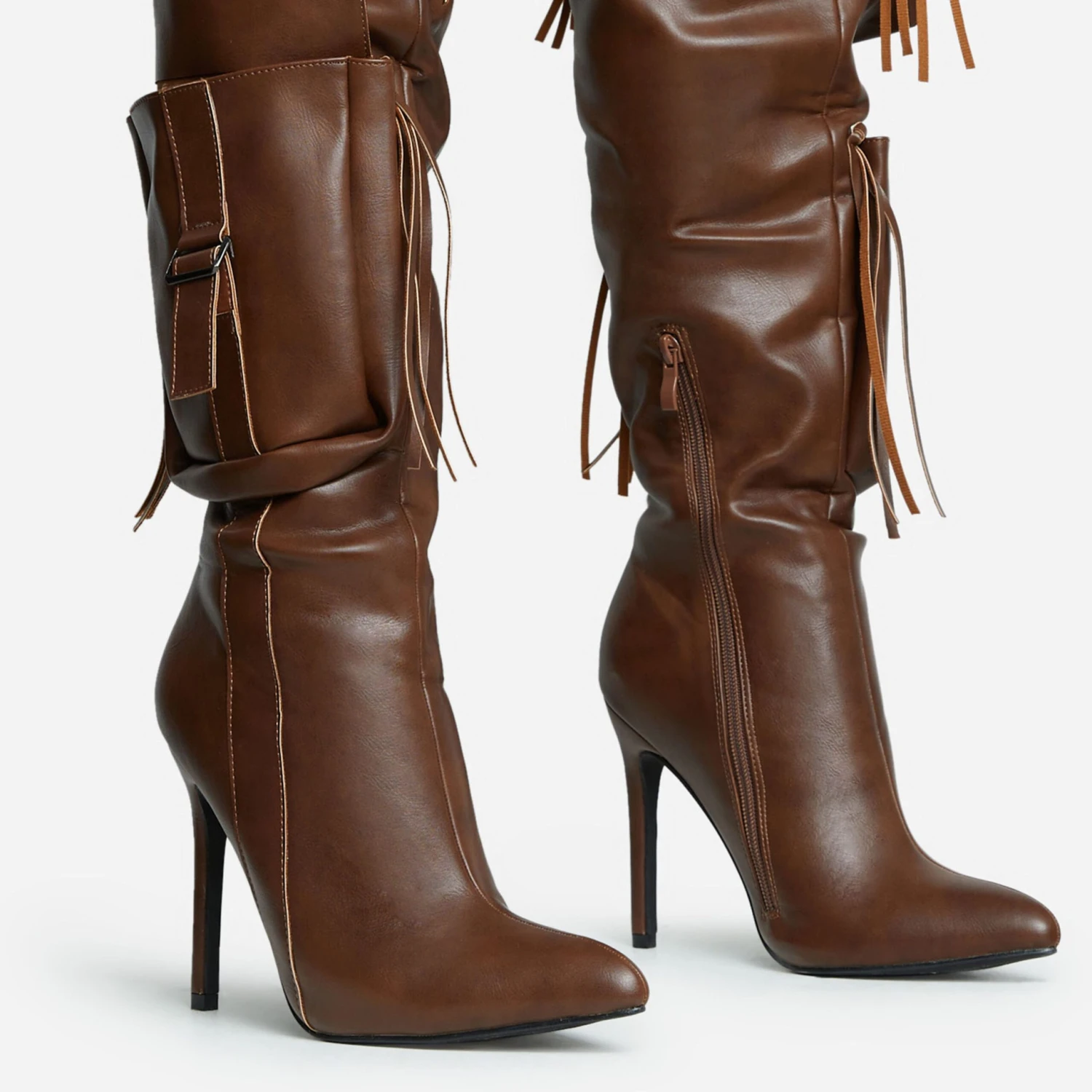 EGO Rough-Rider Multi Pocket Detail Pointed Toe Stiletto Heel Over The Knee Thigh High Boot In Brown Faux Leather 4 EGO Rough-Rider Multi Pocket Detail Pointed Toe Stiletto Heel Over The Knee Thigh High Boot In Brown Faux Leather - Image 2