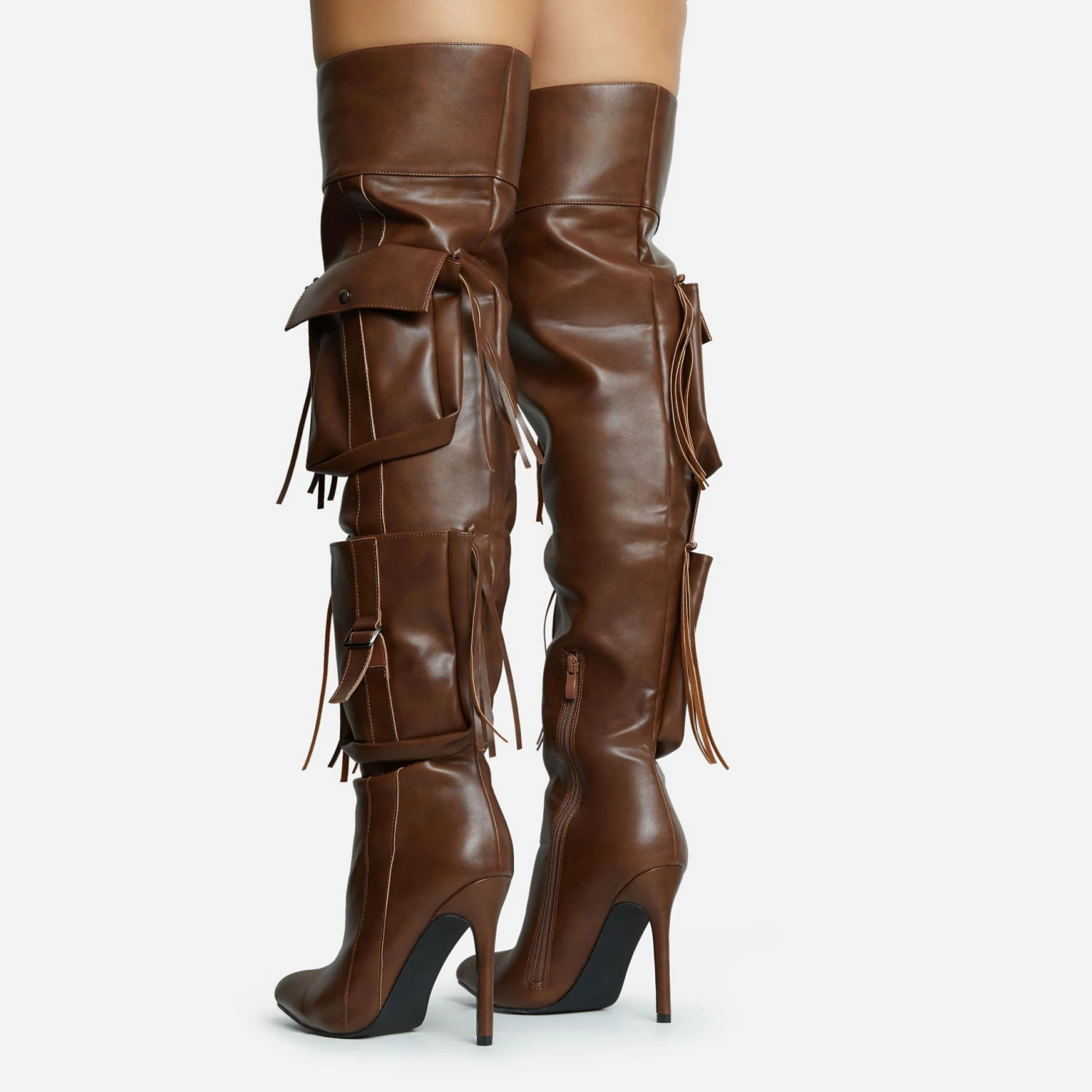 EGO Rough-Rider Multi Pocket Detail Pointed Toe Stiletto Heel Over The Knee Thigh High Boot In Brown Faux Leather 5 EGO Rough-Rider Multi Pocket Detail Pointed Toe Stiletto Heel Over The Knee Thigh High Boot In Brown Faux Leather - Image 3