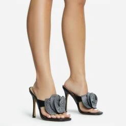 EGO Bouquet Oversized Diamante Rose Detail Thong Strap Square Toe Stiletto Heel Mule In Black Faux Leather -EGO Sales 30 11 22 fw31743 sq