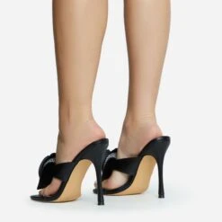 EGO Bouquet Oversized Diamante Rose Detail Thong Strap Square Toe Stiletto Heel Mule In Black Faux Leather -EGO Sales 30 11 22 fw31745 sq