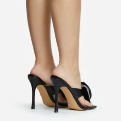 EGO Bouquet Oversized Diamante Rose Detail Thong Strap Square Toe Stiletto Heel Mule In Black Faux Leather -EGO Sales 30 11 22 fw31746 sq